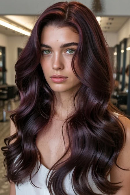 A lush, long hairstyle with deep dark cherry cola hair in waves perfect for a beauty and hair styling website.