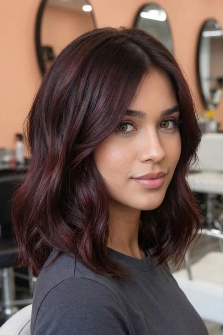 A woman with shoulder-length, wavy cherry color hair color in a modern salon setting, showcasing trendy hair coloring and styling services.