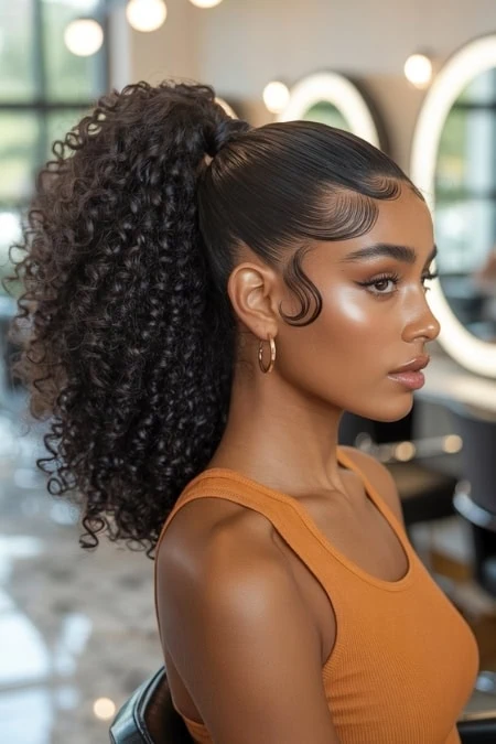 A woman with long, voluminous, curly black slick back hairstyle styled in a high ponytail, wearing a sleeveless orange top, in a modern salon setting with round mirrors and bright lighting.
