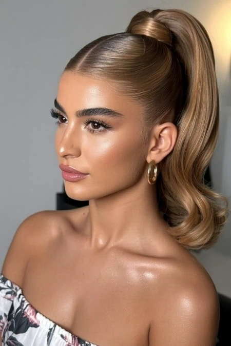 A woman with flawless makeup and a slick back high ponytail hairstyle, wearing gold hoop earrings and a floral off-shoulder top, posing confidently indoors.