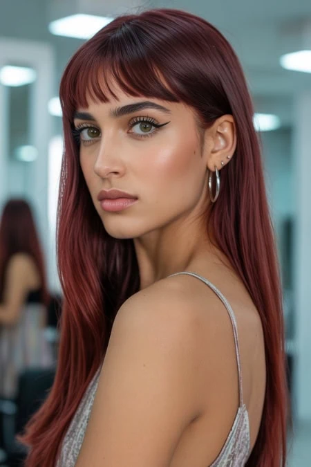 A woman with long, straight cherry cola red hair and bold makeup, wearing hoop earrings and a silver spaghetti strap top, in a modern, well-lit indoor setting.