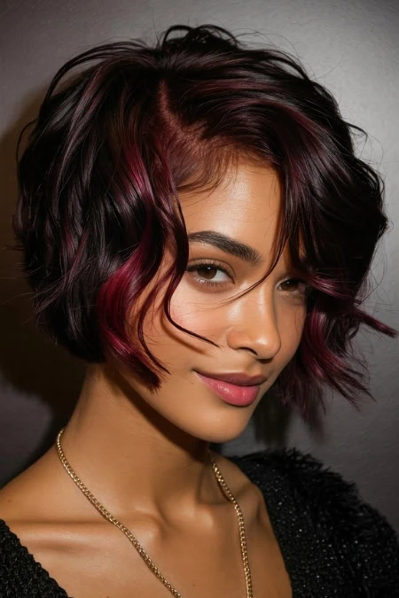 A woman with a stylish, wavy bob haircut featuring dark cherry cola hair with vibrant pink highlights, wearing a black top and a delicate gold necklace, posing confidently against a neutral background.