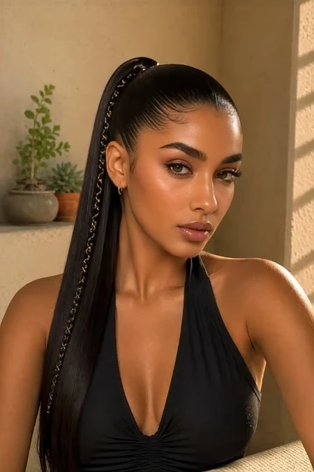 Elegant woman with flawless makeup and sleek high ponytail, wearing a black sleeveless top, posing indoors with a neutral background and potted plants, showcasing beauty, skincare, and fashion.