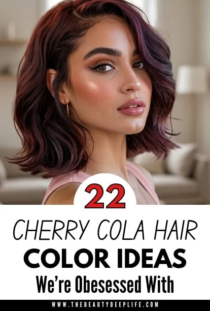 Trendy woman with cherry cola hair color, styled in a wavy bob, showcasing vibrant, fashionable hair color ideas for beauty and hair inspiration.