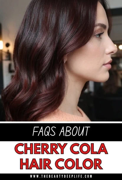 Close-up of a woman with shiny, deep cherry cola hair color, showcasing smooth, wavy hair styled elegantly for beauty and hair color tips.