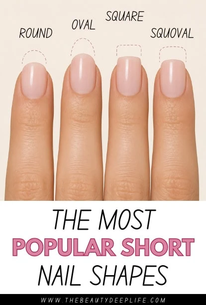 Comparison of popular short nail shapes including round, oval, square, and squoval for stylish manicure options.