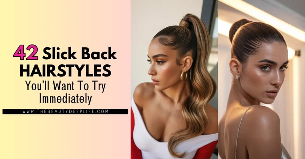 Slick back hairstyle tutorial featuring a woman with long, wavy hair styled in a high ponytail, promoting hair styling tips and beauty advice for a sleek, polished look.