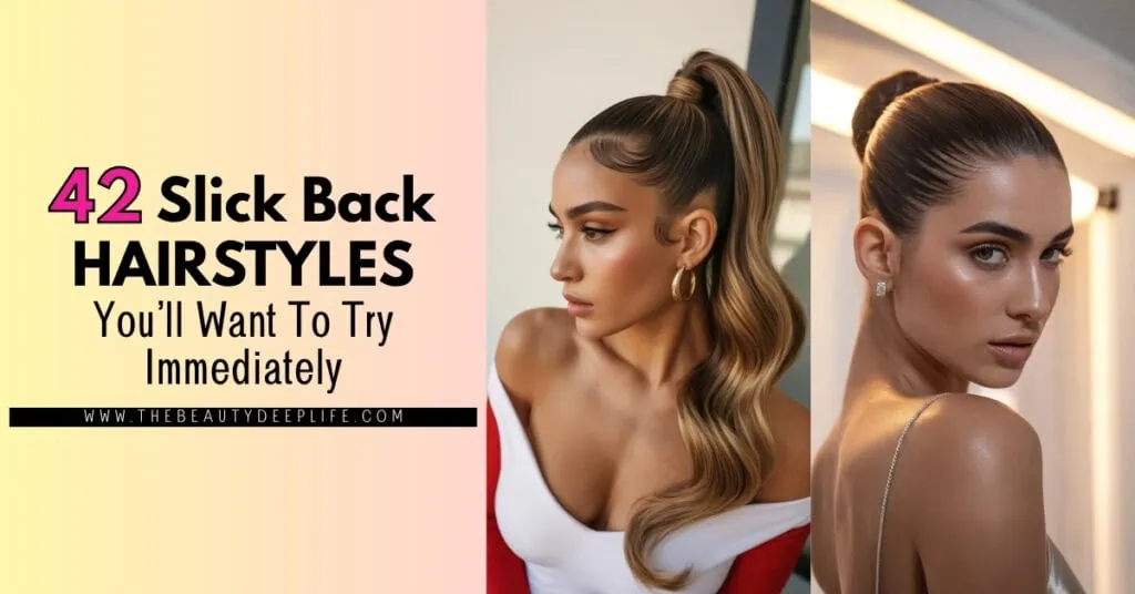 Slick back hairstyle tutorial featuring a woman with long, wavy hair styled in a high ponytail, promoting hair styling tips and beauty advice for a sleek, polished look.