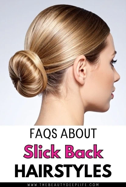 A woman with a sleek, elegant low slick back bun hairstyle, showcasing smooth, shiny hair and a polished look, ideal for formal or professional occasions.
