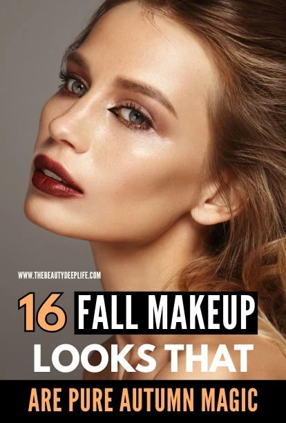 Close-up of a woman with a flawless fall makeup look featuring warm tones, bold lips, and subtle eye makeup, promoting fall makeup looks for autumn.