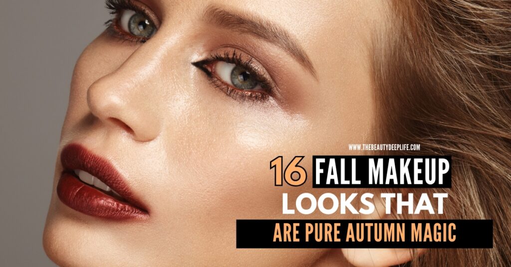 Close-up of a woman's face showcasing fall makeup look with warm tones, emphasizing eye makeup and lipstick, perfect for autumn beauty looks.