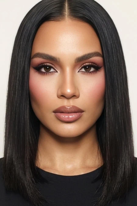 Close-up of a woman with straight black hair, flawless skin, and fall makeup, showcasing beauty and skincare elegance.