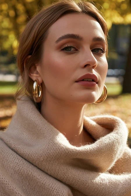 Elegant woman with fall makeup and gold hoop earrings outdoors in autumn, showcasing beauty and skincare in natural light.