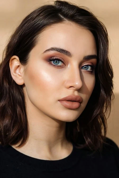 Close-up of a young woman with flawless makeup, blue eyes, and dark brown hair, showcasing beauty and fall makeup looks.