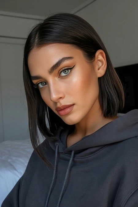 Close-up of a young woman with flawless skin, dark hair, and striking blue eyes wearing a dark hoodie, showcasing beauty and skincare focus.