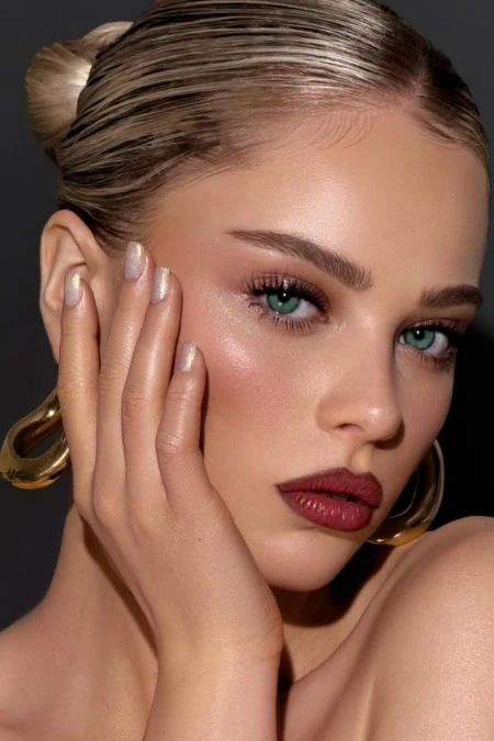 Close-up of a young woman with flawless skin, bold fall makeup, and styled hair, showcasing beauty and skincare focus for The Beauty Deep Life.