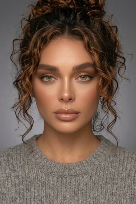 Close-up portrait of a young woman with curly brown hair, natural fall makeup look, and a neutral expression, wearing a gray sweater against a plain gray background.