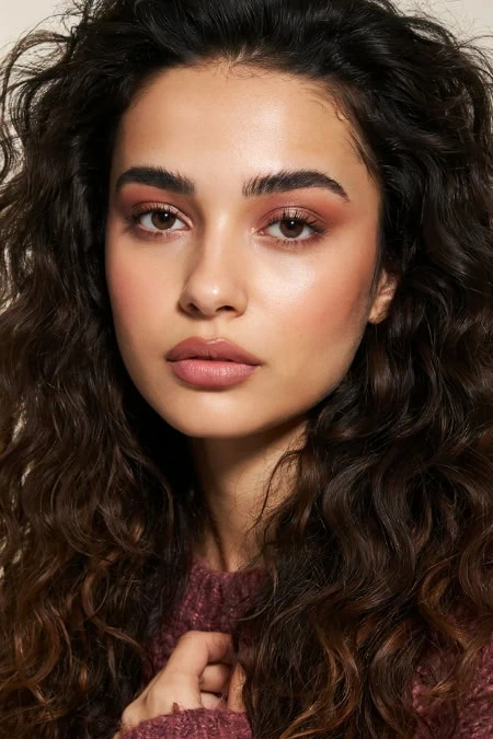 Close-up of a young woman with long, curly brown hair, and a rosy fall makeup look, and a confident expression, ideal for beauty.