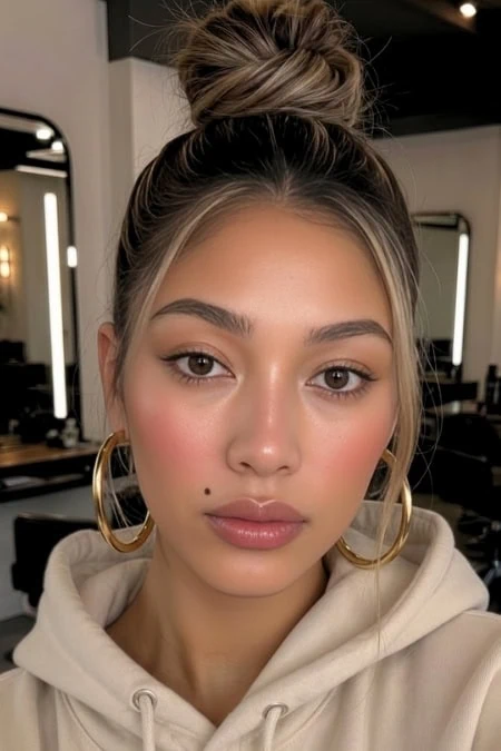 Close-up of a young woman with styled hair in a high bun, wearing large gold hoop earrings and a beige hoodie, in a modern salon setting.