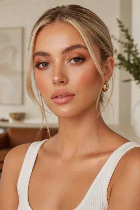 Close-up of a young woman with natural makeup, blonde hair, and gold hoop earrings, showcasing a fresh and simple makeup look.