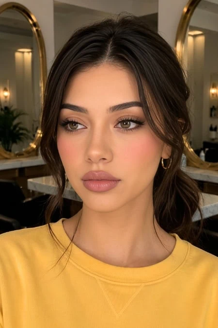 Close-up of a woman with natural makeup, soft pink lips, and subtle eye makeup, wearing a yellow top in a modern salon setting.