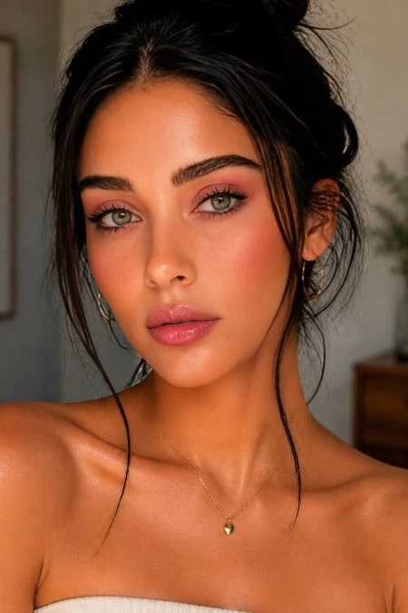 Close-up of a young woman with flawless skin, dark hair styled in a messy bun, and subtle makeup, showcasing natural beauty and skincare elegance.