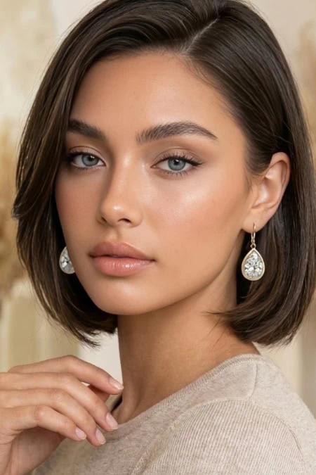 Close-up of a young woman with short brown hair, blue eyes, and elegant jewelry, showcasing natural beauty.
