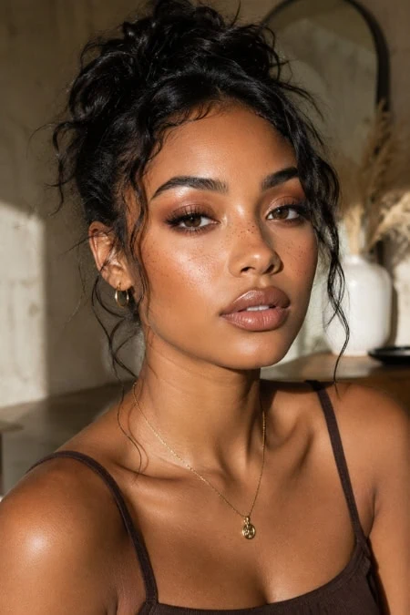 Close-up of a woman with a bronzed makeup look, curly hair in a messy bun, wearing a brown spaghetti strap top and gold jewelry, in a warm indoor setting.