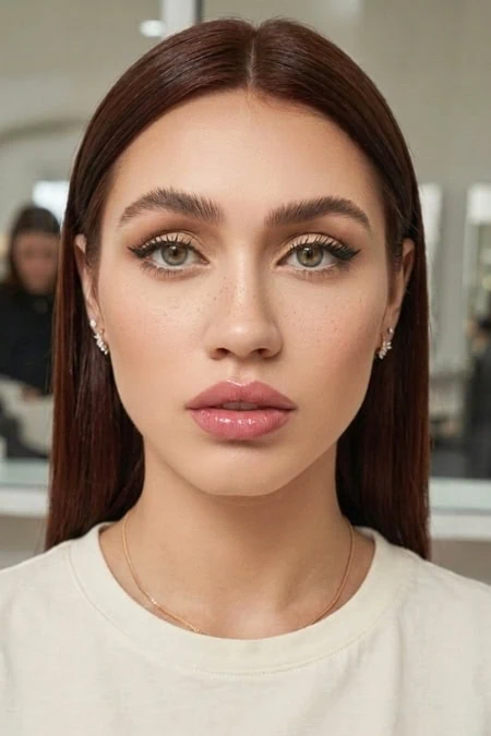 Close-up of a young woman with flawless skin, subtle makeup, and straight auburn hair, showcasing beauty.