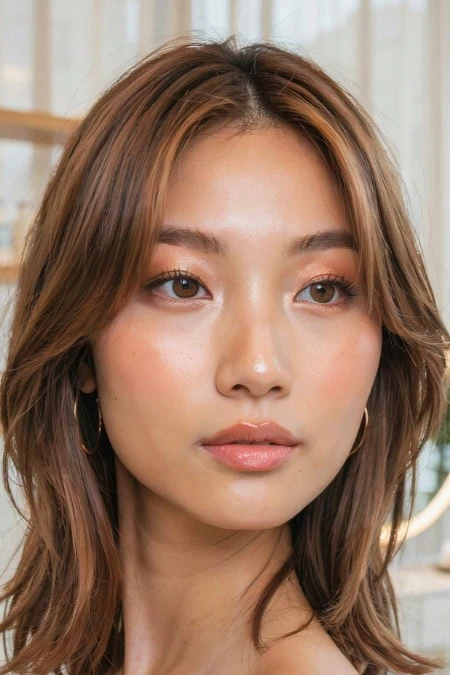 Close-up of a young woman with natural makeup and wavy brown hair, showcasing a simple glowy makeup look.