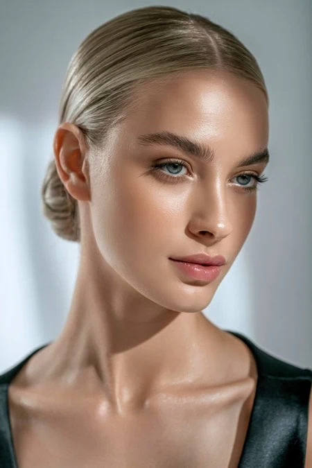Close-up of a young woman with flawless skin, blonde hair in a sleek bun, and s glass skin makeup look.