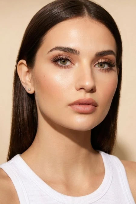 Close-up of a woman with natural makeup, emphasizing flawless skin, defined eyebrows, and subtle eye makeup, suitable for a beauty and simple makeup look tutorial.