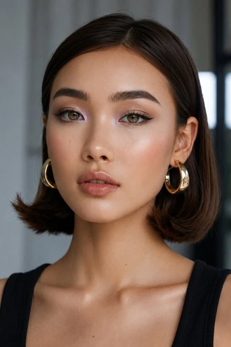 Close-up of a young woman with flawless skin, subtle makeup, and gold hoop earrings, showcasing natural beauty and a simple makeup look.
