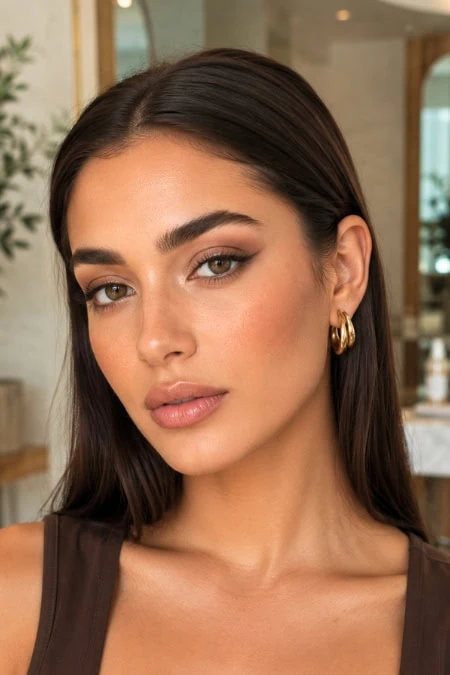 Close-up of a young woman with flawless skin, dark brown hair, and gold hoop earrings, showcasing a simple latte makeup look.