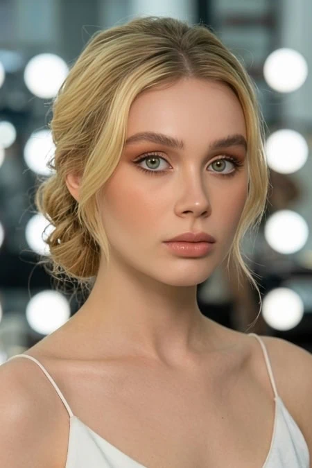 Close-up of a young woman with blonde hair and natural makeup, in a professional beauty studio with bright vanity lights in the background.
