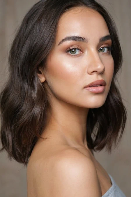 Close-up of a woman with natural makeup, wavy brown hair, and glowing skin, showcasing a simple and elegant makeup look.