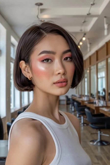 Stylish young woman with short dark hair and makeup in a modern salon, showcasing beauty and skincare trends for thebeautydeeplife.com.
