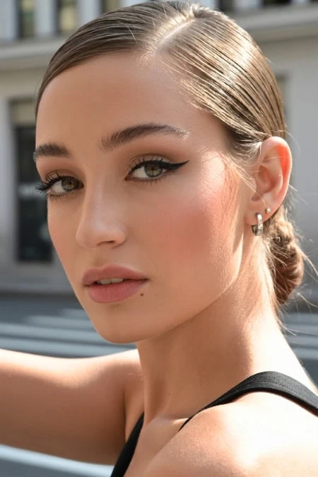 Close-up of a young woman with flawless skin, subtle makeup, and winged eyeliner, outdoors on a sunny day, showcasing natural beauty and skincare.