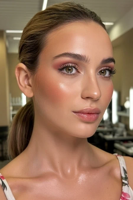 Close-up of a young woman with flawless skin, subtle makeup, and a natural glow, showcasing beauty and skincare elegance.