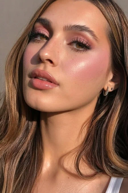 Close-up of a young woman with flawless skin, pink eyeshadow, and glossy lips, showcasing natural beauty and simple makeup artistry for beauty tips and looks.