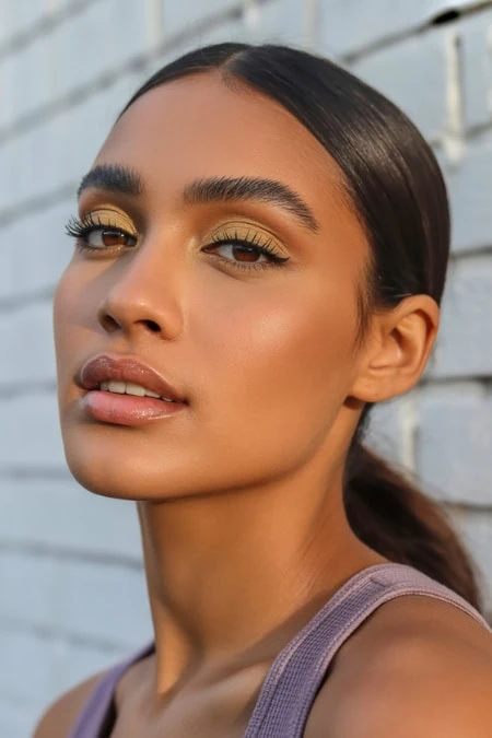 Close-up of a young woman with flawless skin, bold eyebrows, and golden eye makeup, standing against a white brick wall, showcasing a simple makeup look.