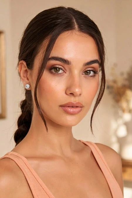 Close-up of a woman with a natural simple makeup look, brown eyes, and dark brown hair styled in a loose braid, wearing pearl earrings and a peach-colored top.