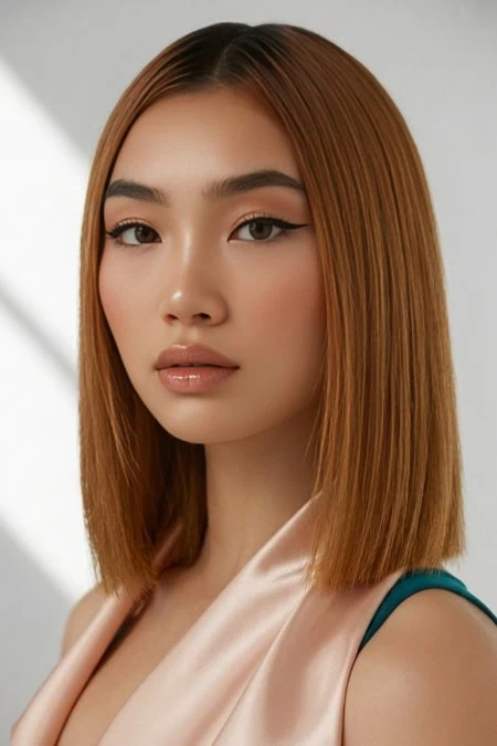 Close-up of a young woman with straight, shoulder-length auburn hair, subtle makeup, and winged eyeliner, showcasing a natural, simple yet polished makeup look.