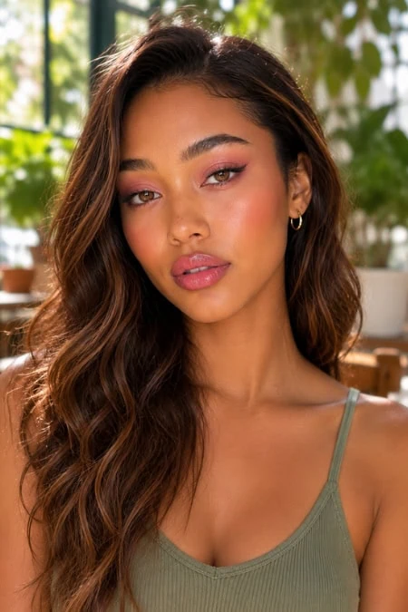 Close-up of a young woman with long wavy brown hair, wearing subtle, simple makeup with pink eyeshadow and nude lipstick, outdoors with greenery in the background.