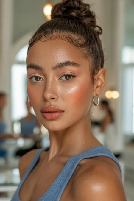 Close-up of a young woman with glowing skin, styled hair in a bun, wearing hoop earrings and a blue top, in a bright, modern indoor setting.