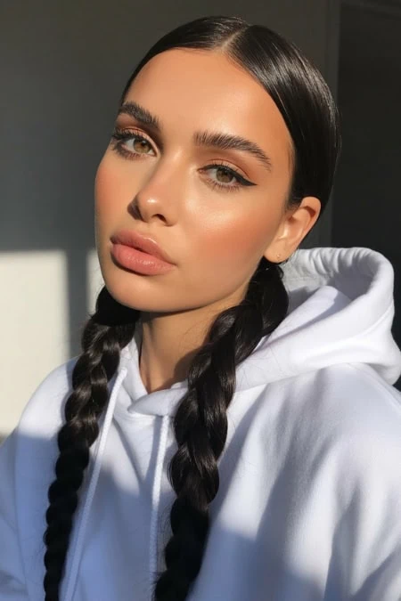 Close-up of a young woman with flawless makeup, dark braided hair, and wearing a white hoodie, showcasing natural beauty and simple makeup looks.