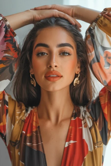 Close-up of a young woman with styled hair, bold makeup, and floral patterned clothing, posing with hands on her head for a beauty and fashion photoshoot.