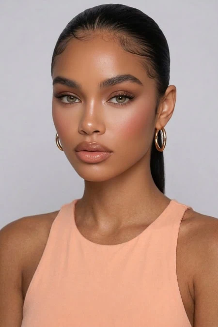 Close-up of a young woman with flawless skin, sleek black hair, and subtle, simple makeup, wearing gold hoop earrings and a peach sleeveless top, showcasing natural beauty and looks.