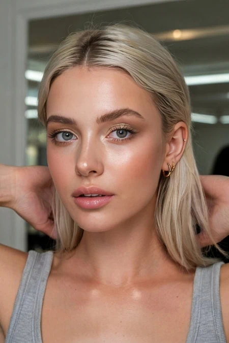 Close-up of a young woman with blonde hair and natural makeup, showcasing glowing skin and subtle eye makeup, perfect for a simple makeup look.