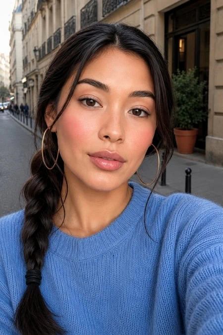 Close-up of a young woman with natural makeup, wearing a blue sweater and hoop earrings, taking a selfie on a city street.